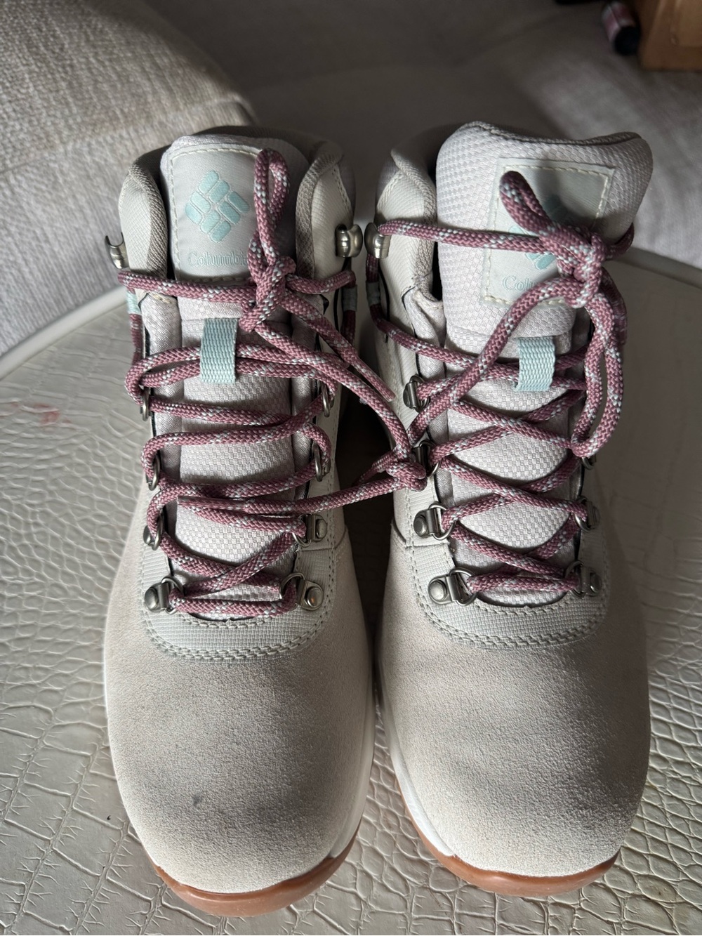 Columbia Light Gray Suede Lace-Up Boots with Pink Laces